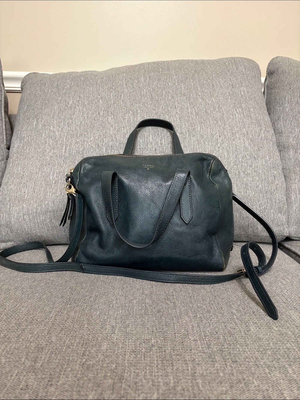 Fossil Leather Sydney Satchel Bag Navy/Teal